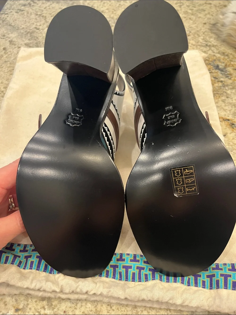 Tory Burch White & Brown Strappy Block Heel Sandals with Black Trim